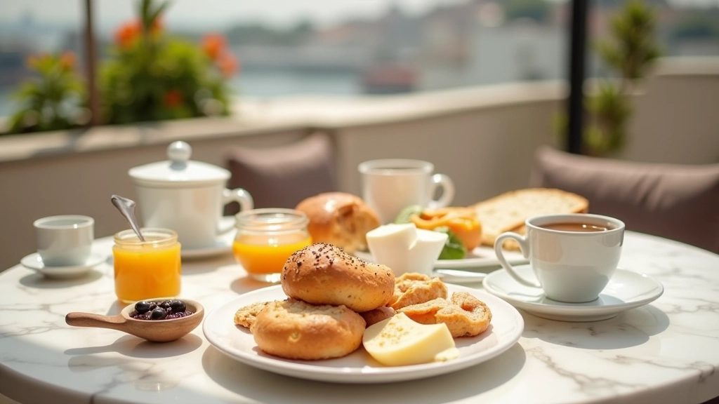 Elegant brunch spread with Turkish cheeses, olives, fresh bread, and coffee service on rooftop table