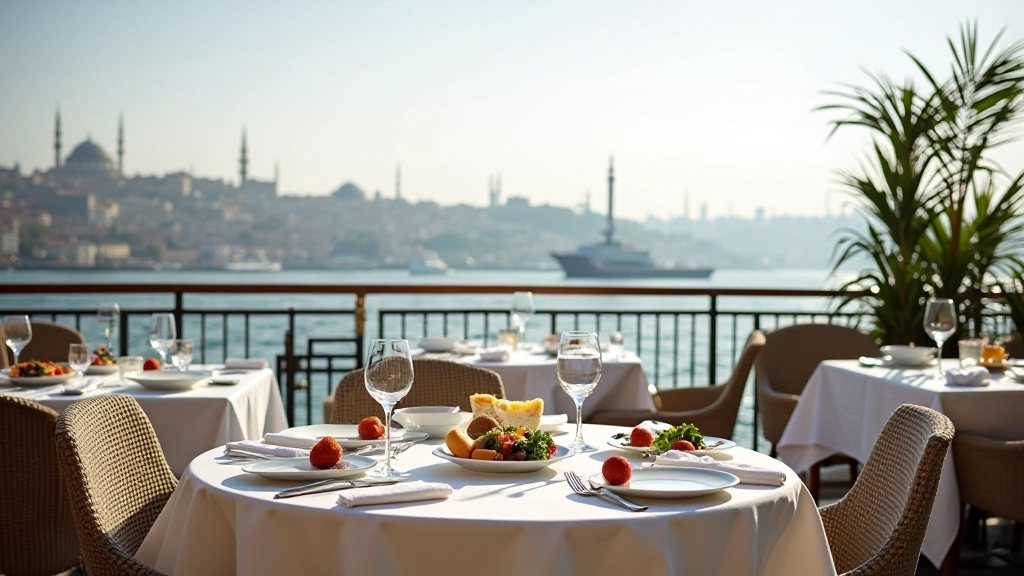 Modern rooftop restaurant with tables overlooking the Bosphorus strait and Istanbul skyline