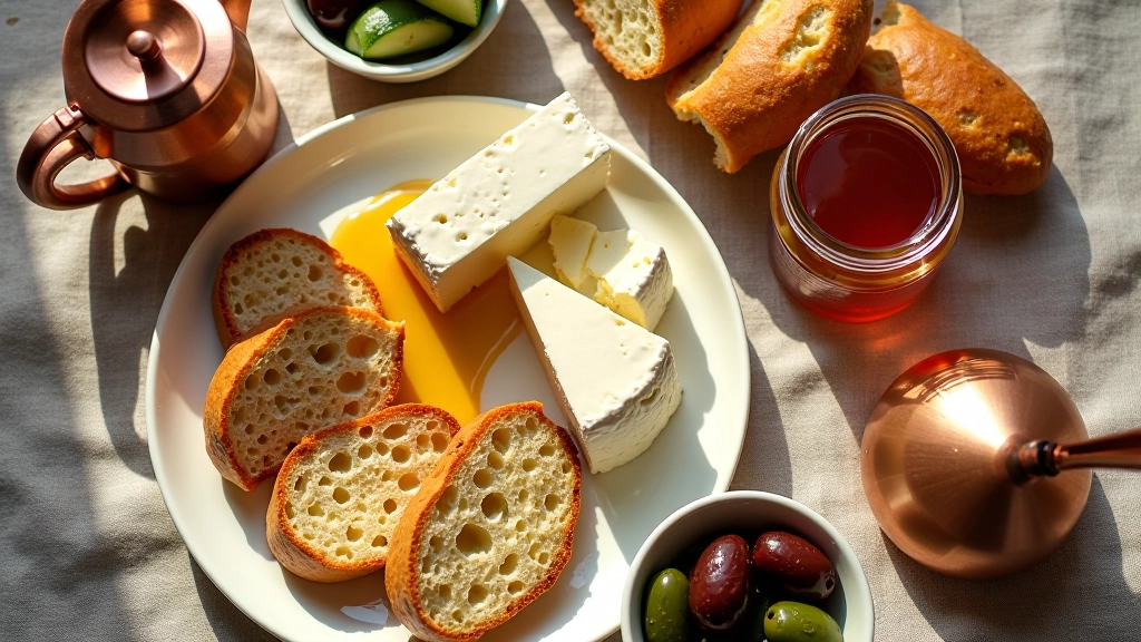 Turkish breakfast spread with olives, cheese, honey and fresh bread