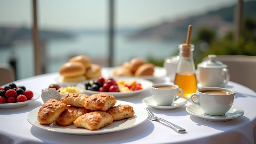 Close-up of brunch table with Turkish breakfast items, pastries, fresh fruit, and coffee cups overlooking water
