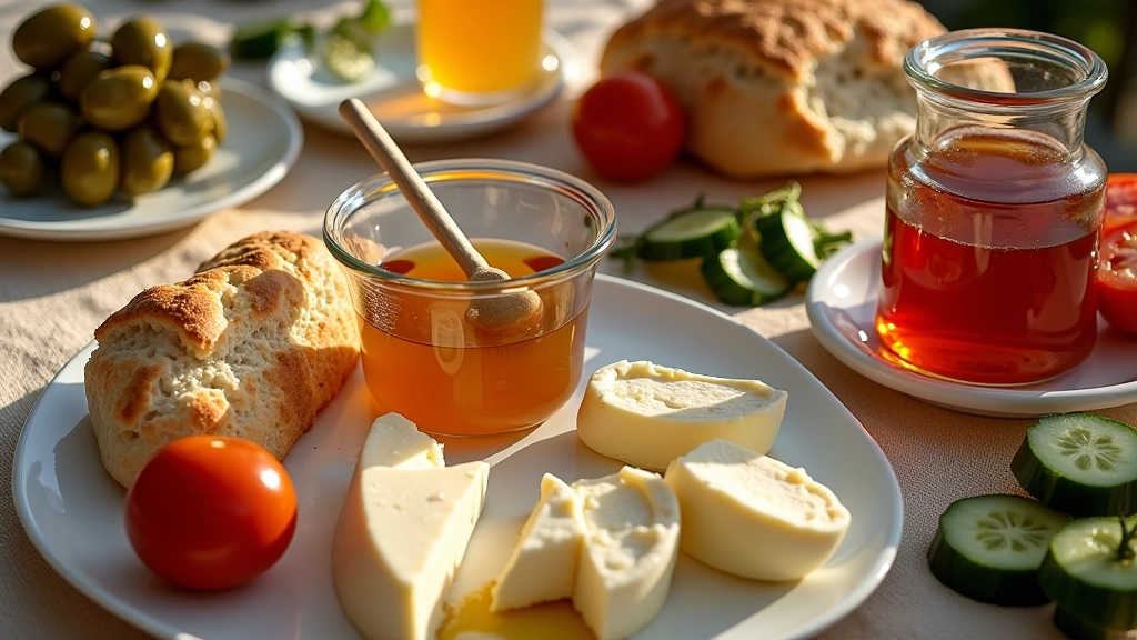 Traditional Turkish breakfast spread with cheese, olives, honey and bread