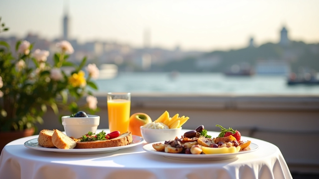 Panoramic view of Bosphorus strait with breakfast table in foreground, morning light, golden hour
